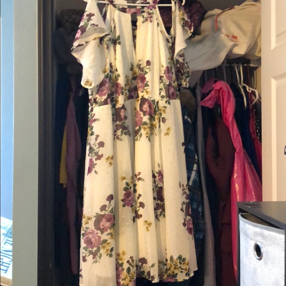 Knee length cream floral dress with open shoulders